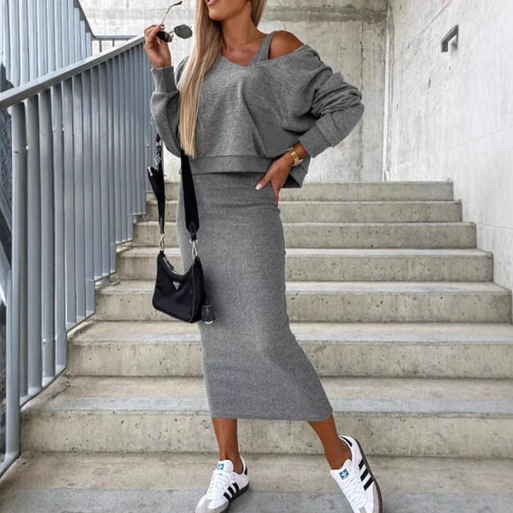 Damen nan ärmelloses Feinstrick-Maxikleid mit V-Ausschnitt, körpernaher Silhouette und stretchigem Baumwollmix Drune