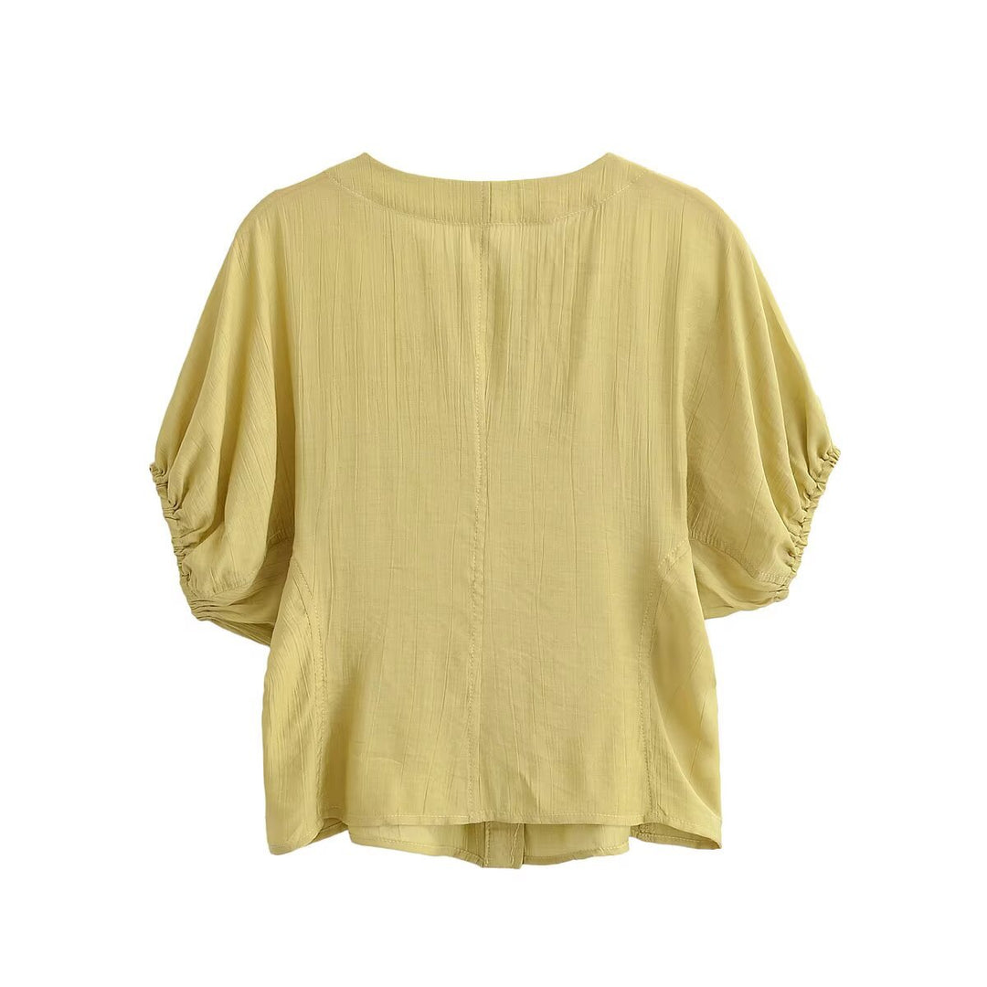 Damen Leichtes Crinkle-Blusen-Shirt mit Knopfleiste und gerafften Ballonärmeln Drune