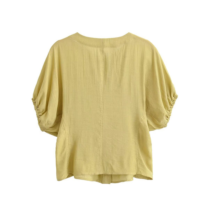 Damen Leichtes Crinkle-Blusen-Shirt mit Knopfleiste und gerafften Ballonärmeln Drune
