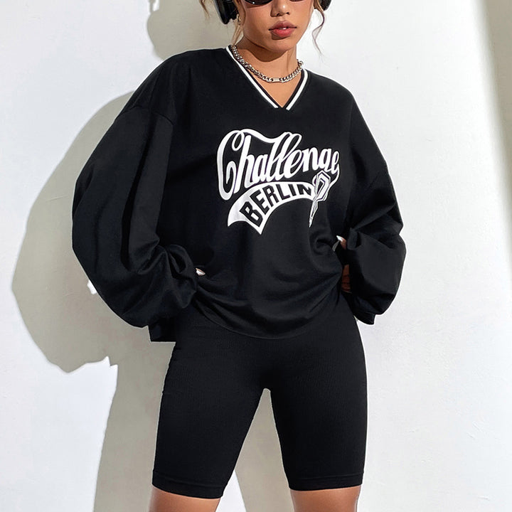 Damen lässiges Oversized Sweatshirt mit V-Ausschnitt und grafischem Print Drune