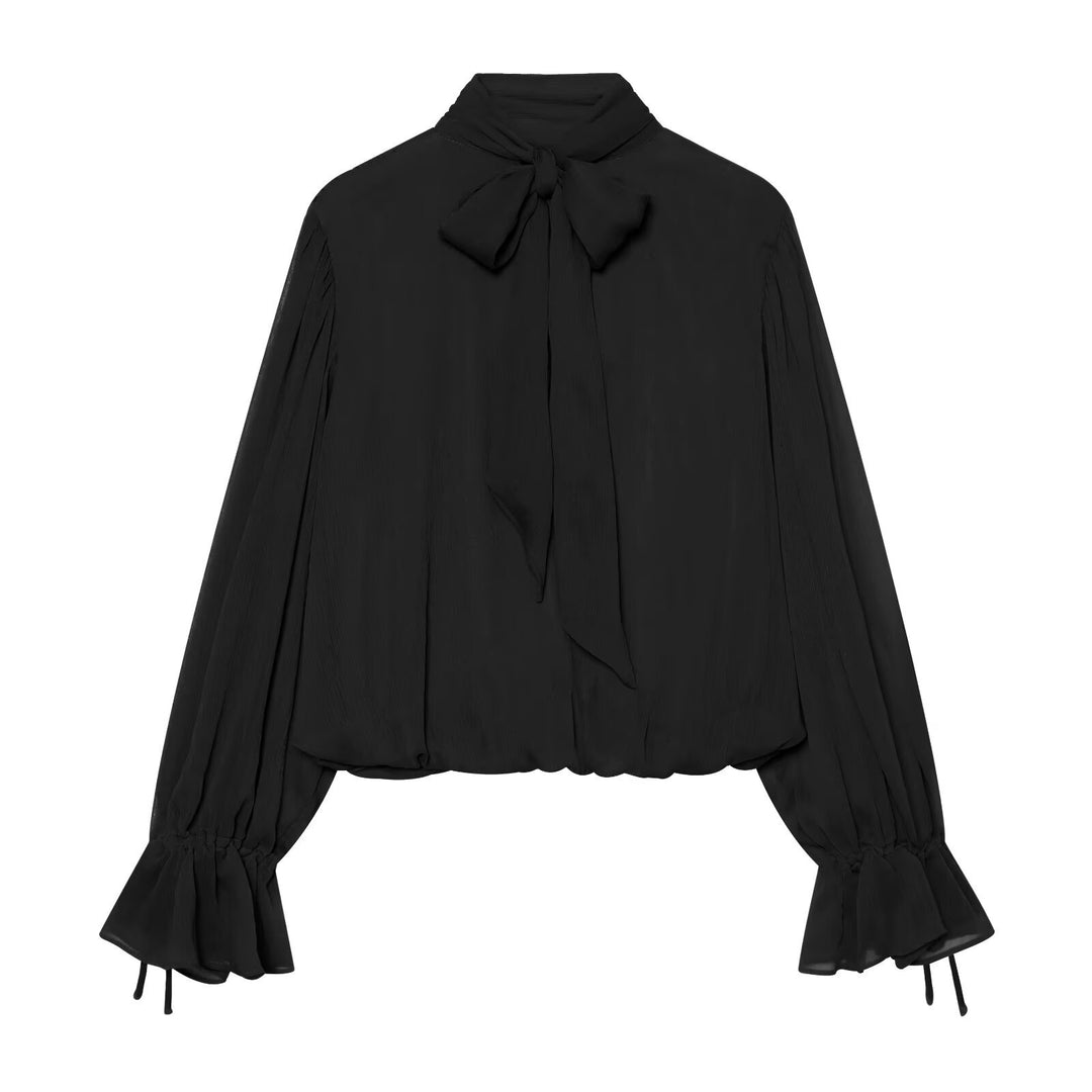 Damen Wickel-Cropped-Bluse mit Stehkragen und Volumenärmeln Drune