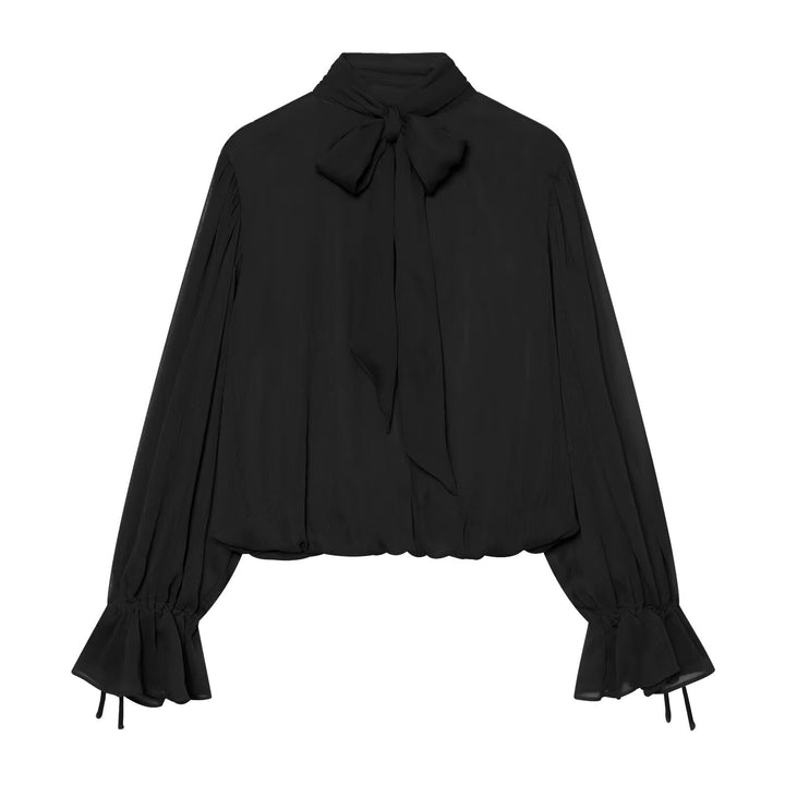 Damen Wickel-Cropped-Bluse mit Stehkragen und Volumenärmeln Drune