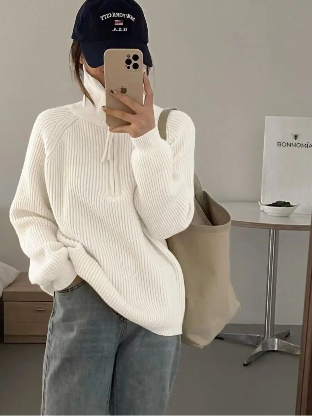 Damen Grobstrickpullover mit Reißverschluss und hohem Kragen Drune