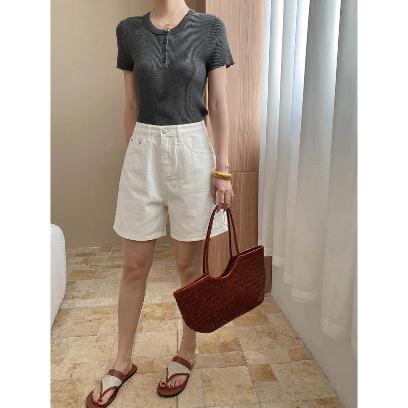 Damen kurzarm Henley-Oberteil mit feiner Rippstruktur Drune