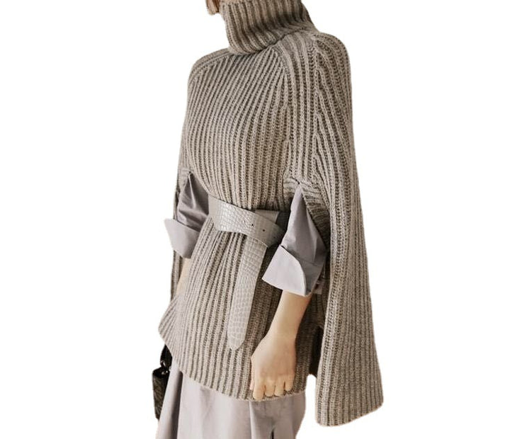 Damen Strickponcho mit hohem Kragen und seitlichen Schlitzen Drune