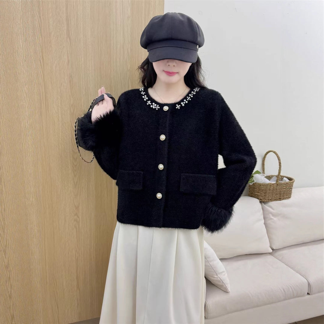 Damen elegante Strickjacke mit Perlenverzierung und flauschigen Ärmeln Drune