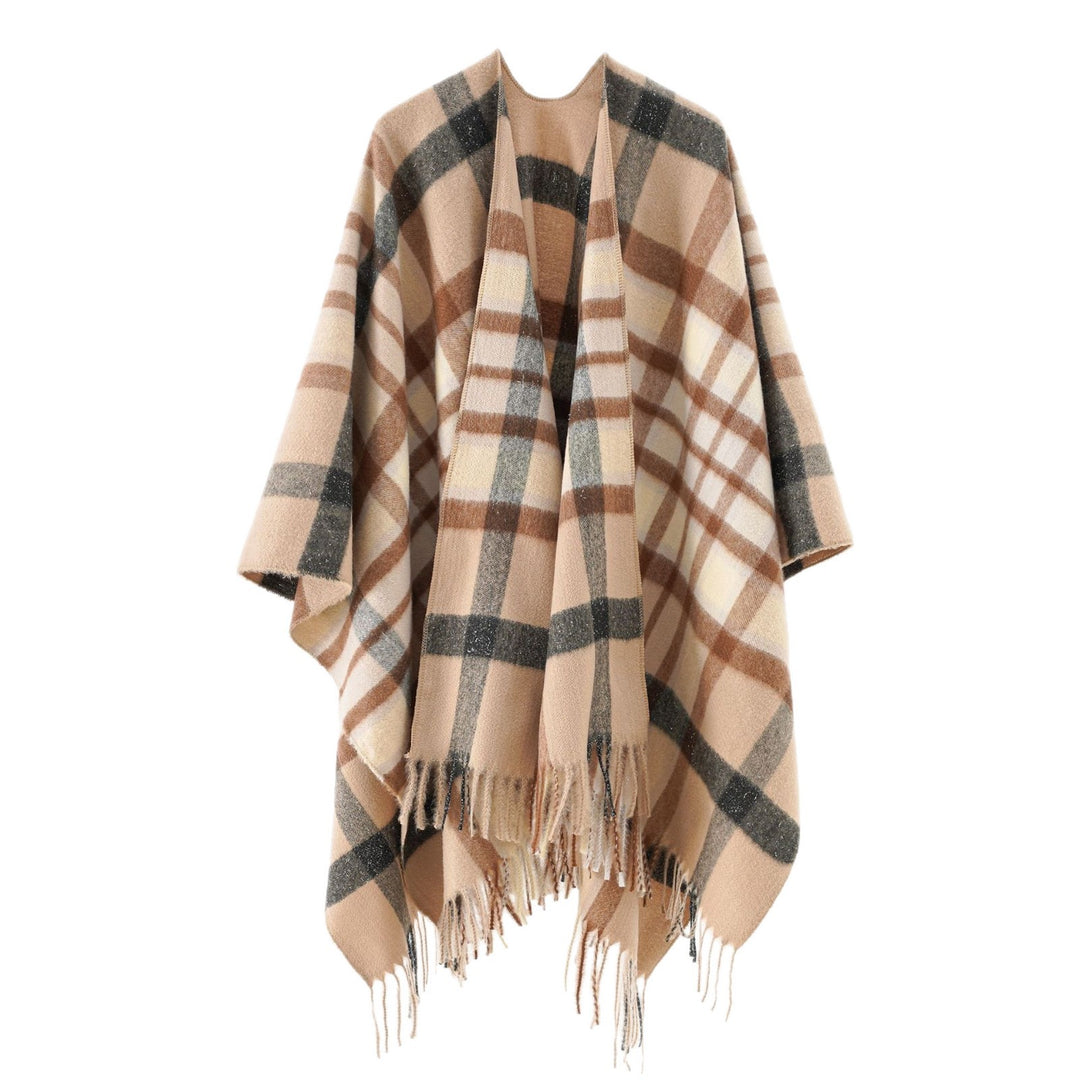 Damen Übergroßer Karierter Wollponcho mit Fransen Drune