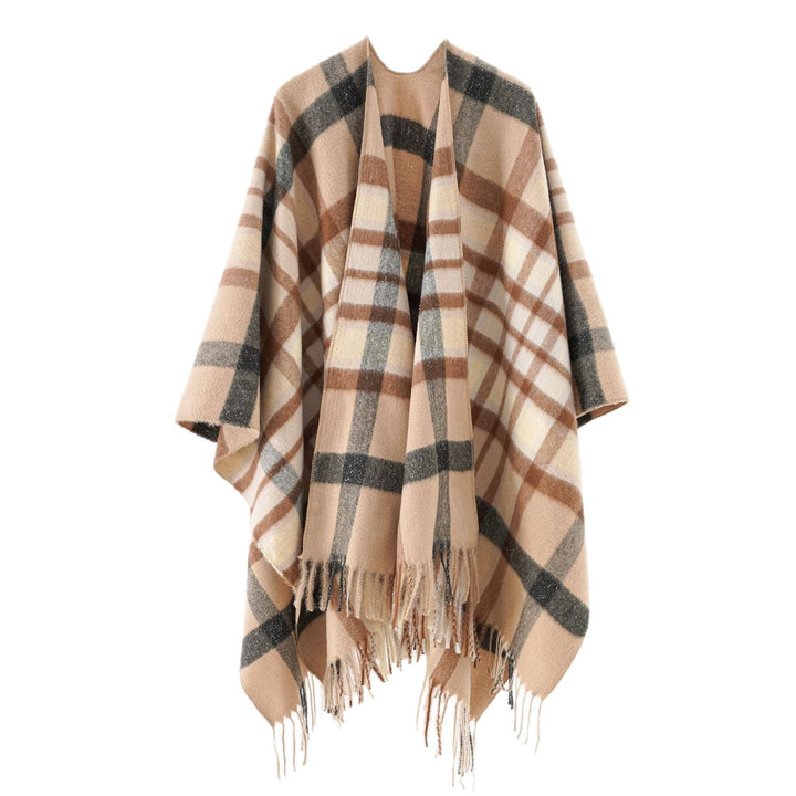 Damen Übergroßer Karierter Wollponcho mit Fransen Drune