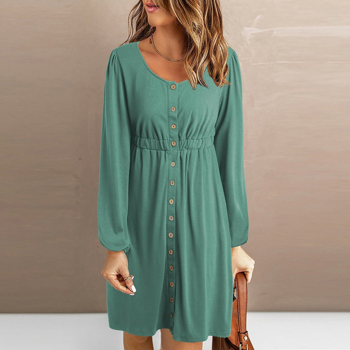 Damen knielanges Kleid mit Knopfdetails und elastischem Taillenzug Drune