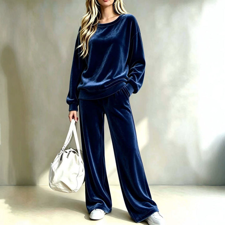 Damen Weiches Velours-Loungewear-Set mit weitem Bein und Rundhalsausschnitt Drune