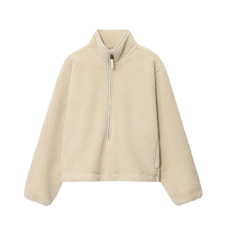 Damen nan kuscheliger Teddy-Fleece Half-Zip Pullover mit Känguru-Tasche Drune