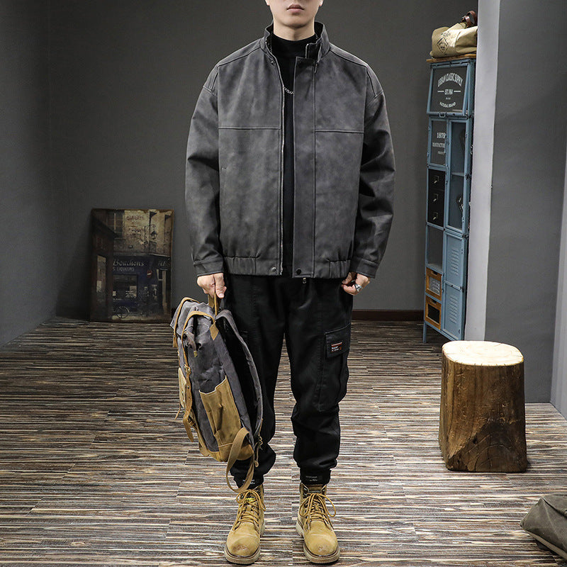 Herren stylische Kunstlederjacke mit hochgeschlossenem Kragen und praktischen Taschen Drune