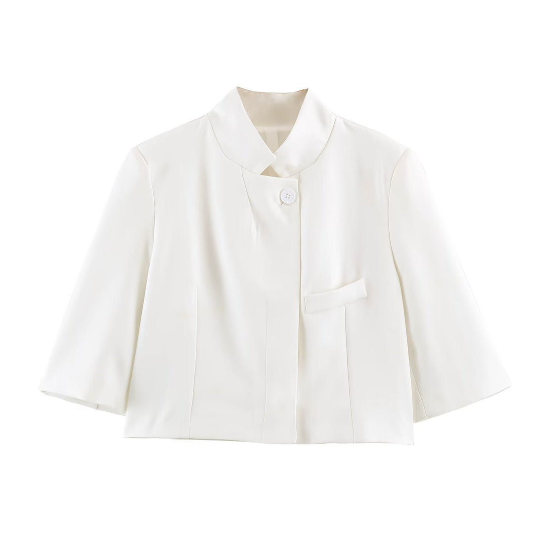 Damen Elegante Cropped-Jacke mit Stehkragen, verdeckter Knopfleiste und 3/4-Ärmeln Drune