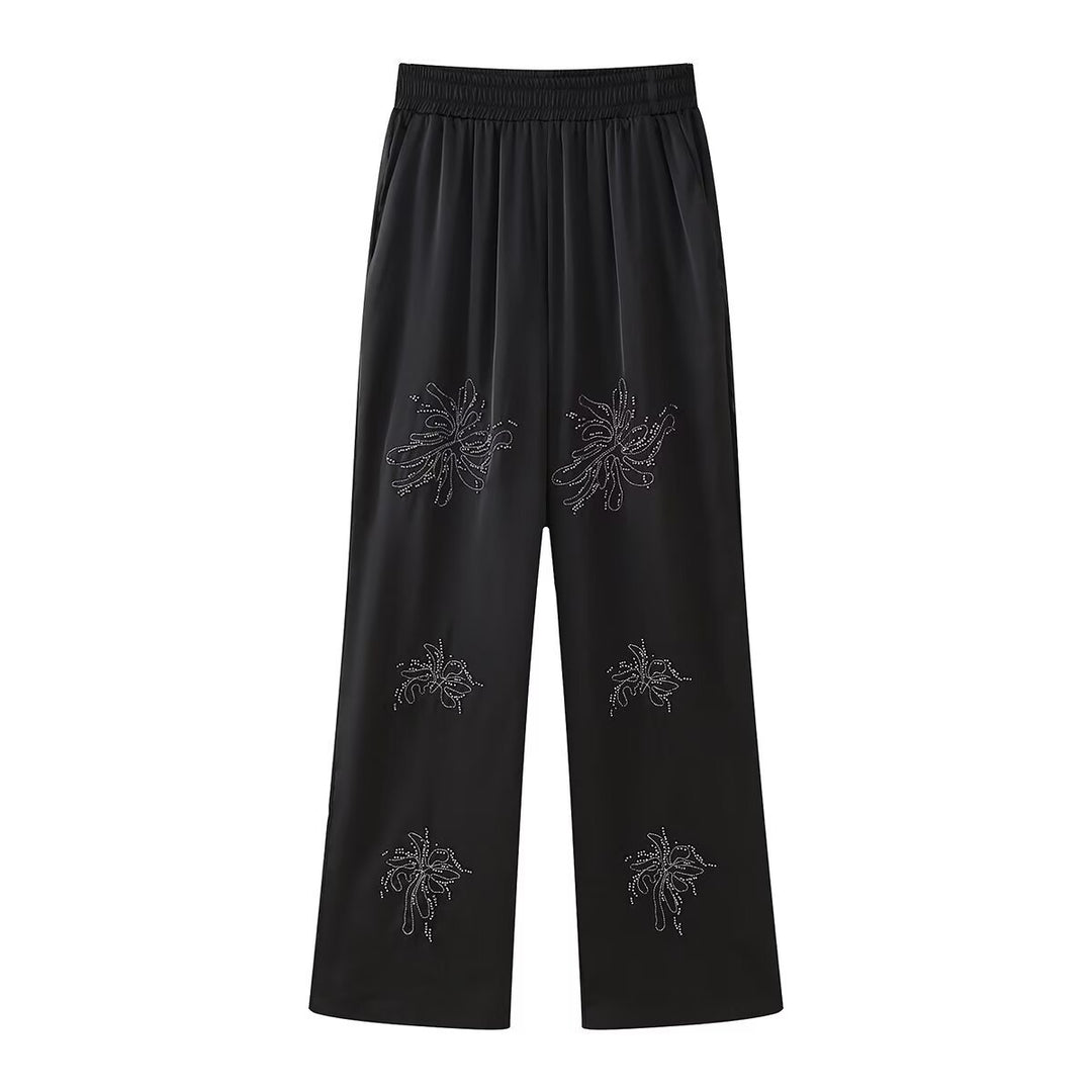 Damen Elegante Satinhose im Palazzo‑Schnitt mit elastischem Umschlagbund und floraler Zierstickerei Drune