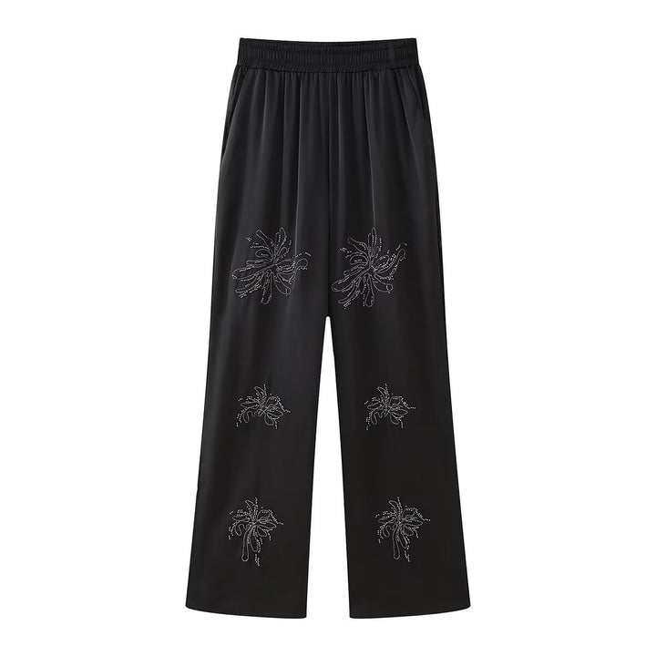 Damen Elegante Satinhose im Palazzo‑Schnitt mit elastischem Umschlagbund und floraler Zierstickerei Drune