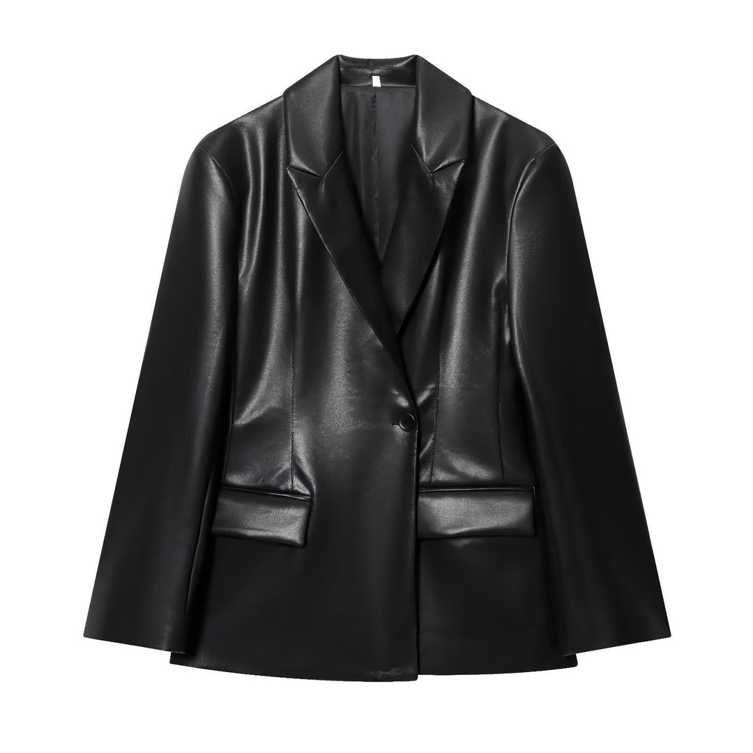 Damen 20+ eleganter veganer Lederblazer mit taillierten Abnähern und Pattentaschen Drune