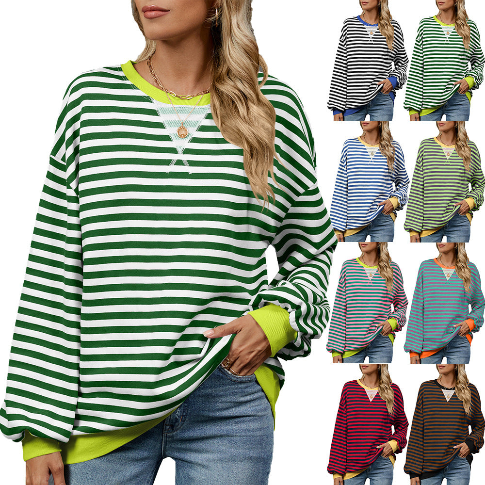 Damen lässiger Sweatshirt mit modischem Streifenmuster und weit geschnittenen Ärmeln Drune