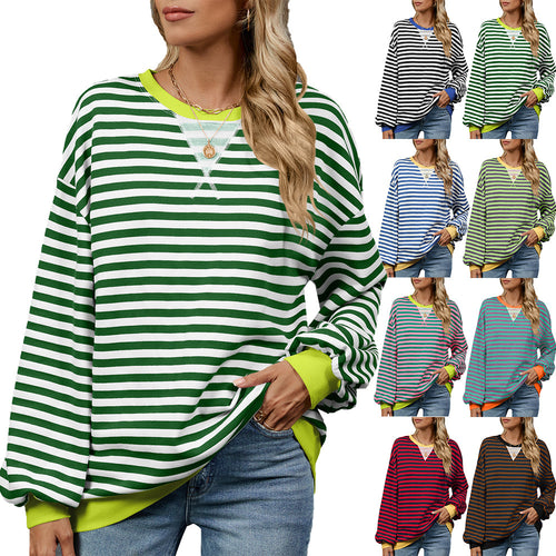 Damen lässiger Sweatshirt mit modischem Streifenmuster und weit geschnittenen Ärmeln Drune