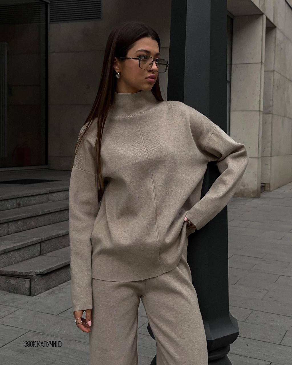 Damen lässiges Strickensemble mit hohem Kragen Drune