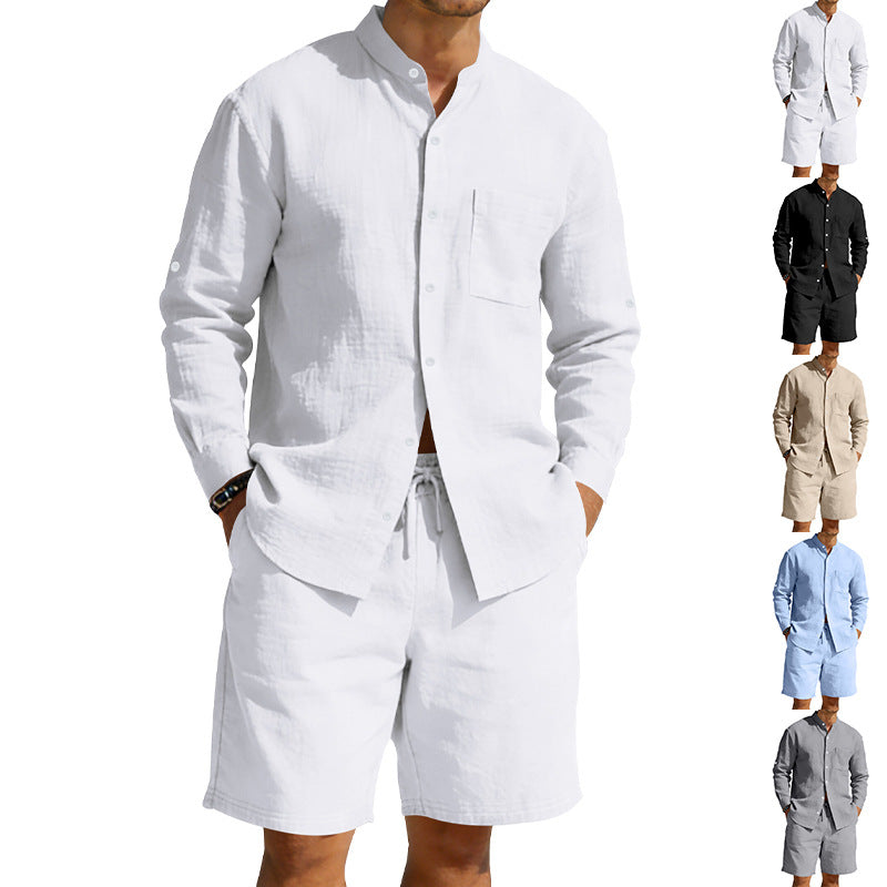 Herren nan sommerliches Leinen-Set mit Stehkragenhemd und Kordelzug-Kurzhose Drune