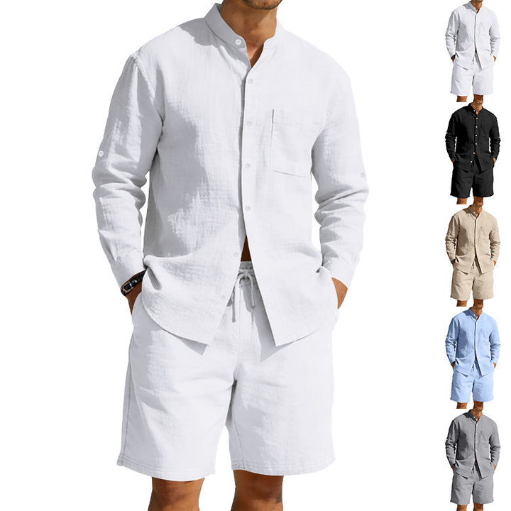 Herren nan sommerliches Leinen-Set mit Stehkragenhemd und Kordelzug-Kurzhose Drune