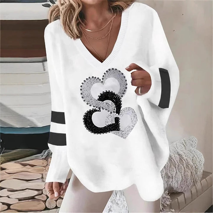 Damen nan übergroßer Strickpullover mit tiefem Ausschnitt Paillettenherz und Kontrastarmstreifen Drune