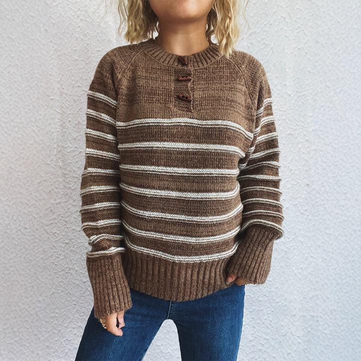 Damen gemusterter Strickpullover mit Knopfdetails und weitem Hals Drune
