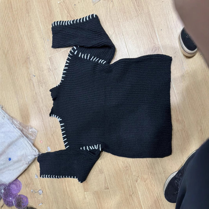 Damen Oversize-Strickpullover mit Stehkragen, Ballonärmeln und Ziernaht Drune