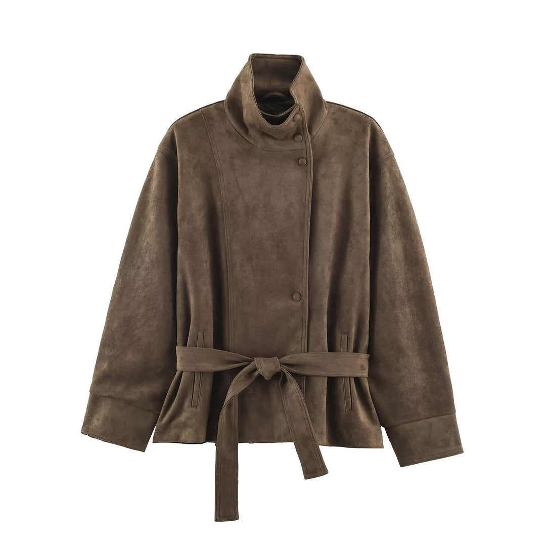 Damen Kurzjacke aus Velourslederoptik mit Stehkragen und Bindegürtel Drune