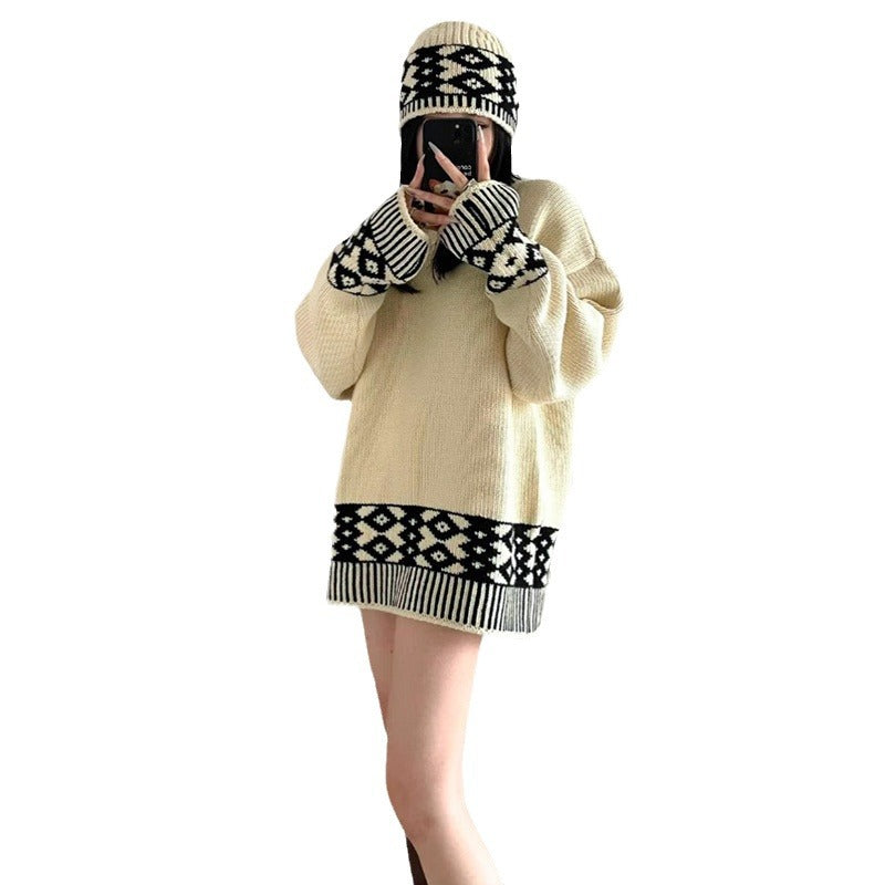 Damen modischer Strickpullover mit geometrischem Muster und Rundkragen Drune