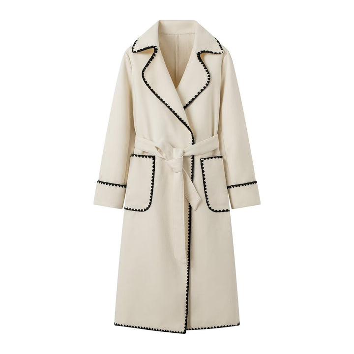 Damen eleganter Langmantel mit taillierbarem Gürtel und kontrastierenden Nähten Drune