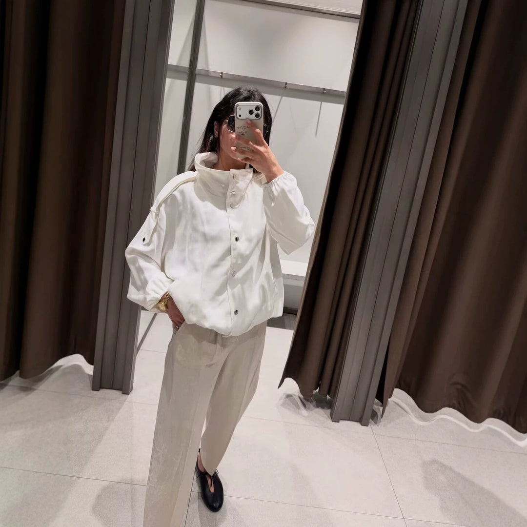 Damen Cropped-Boxy-Canvasjacke mit Funnelkragen, Druckknopfverschluss und Schulterpatten Drune