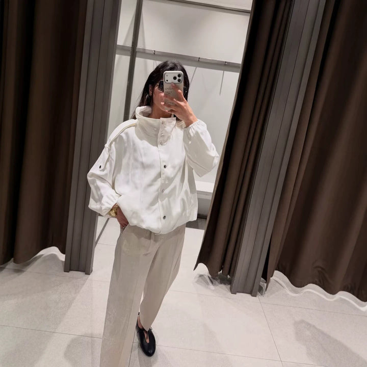 Damen Cropped-Boxy-Canvasjacke mit Funnelkragen, Druckknopfverschluss und Schulterpatten Drune