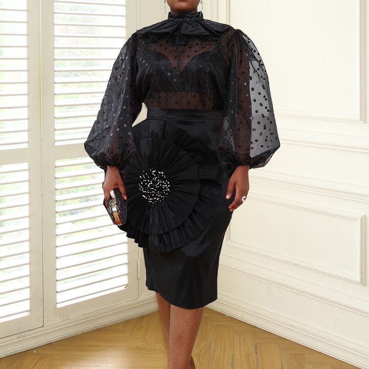 Damen Elegantes Kleid mit transparenten Puffärmeln und Rüschenakzent Drune