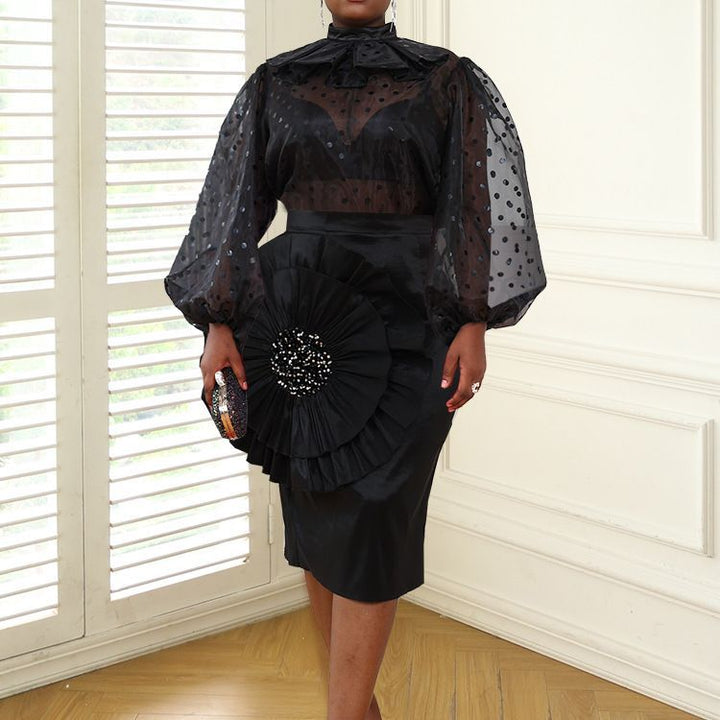 Damen Elegantes Kleid mit transparenten Puffärmeln und Rüschenakzent Drune