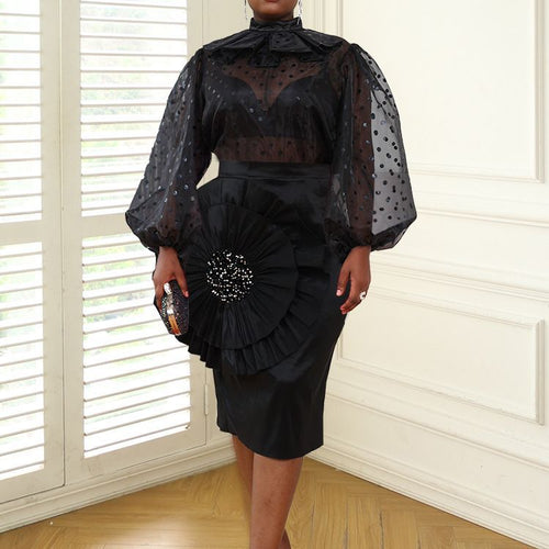 Damen Elegantes Kleid mit transparenten Puffärmeln und Rüschenakzent Drune