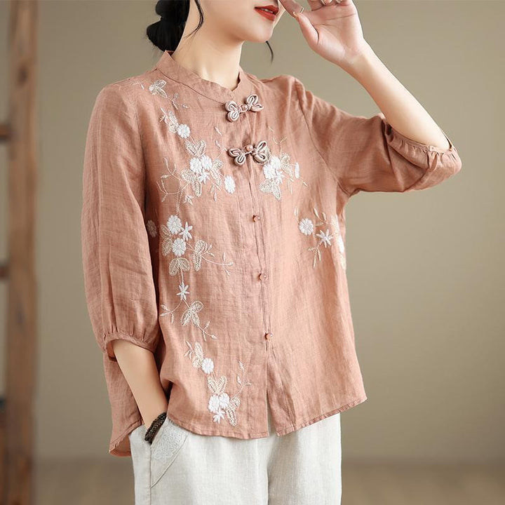 Damen Bestickte Bluse mit halben Ärmeln und Mandarin-Kragen Drune