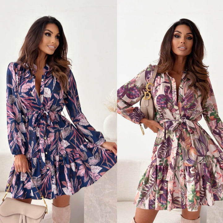 Damen Kurzarm Kleid mit tailliertem Schnitt und Blumenmuster Drune