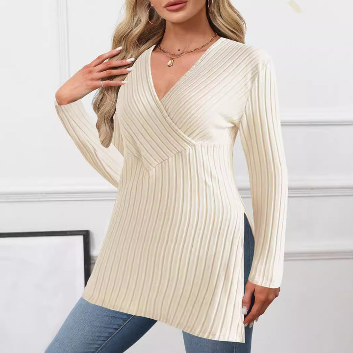 Damen Gerippter Wickel‑V‑Ausschnitt Longpullover mit Taillenbetonung und Seitenschlitzen Drune