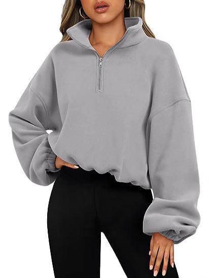 Damen nan kurz geschnittenes Halbzip-Sweatshirt mit hohem Stehkragen, Ballonärmeln und elastischem Saum Drune