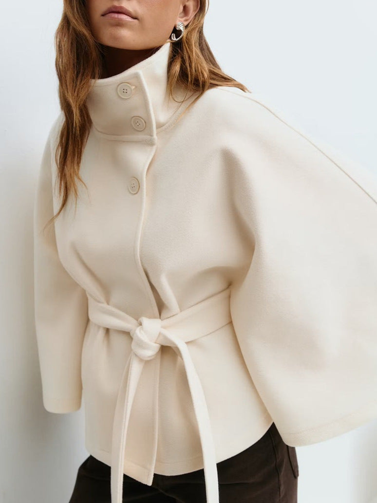 Damen elegante Umhangjacke mit hochgeschlossenem Stehkragen und schickem Gürtel Drune