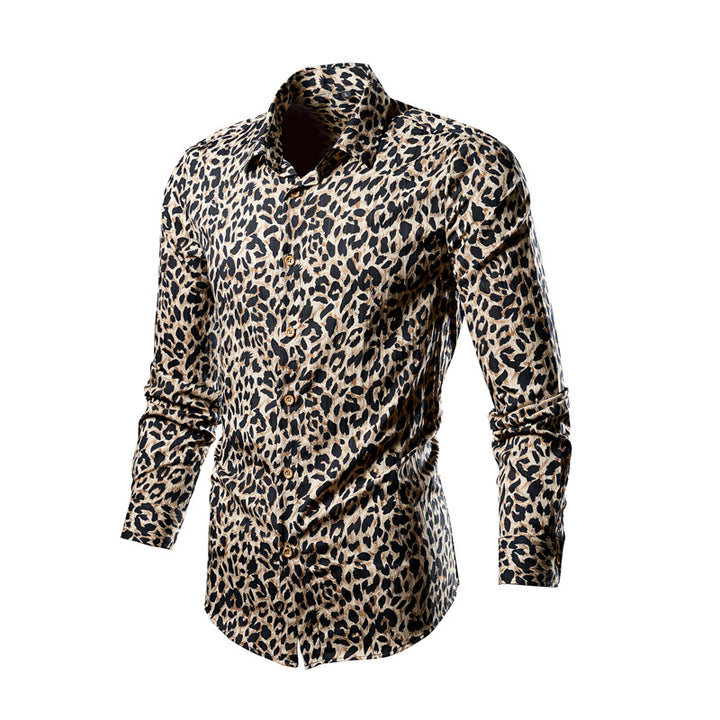 Herren nan tailliertes Langarmhemd mit auffälligem Leoprint, leichter Satinoptik und elastischem Slim Fit Drune