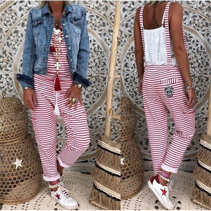 Damen Lässiger Jumpsuit mit schulterfreier Raffung und modischem Streifenmuster Drune