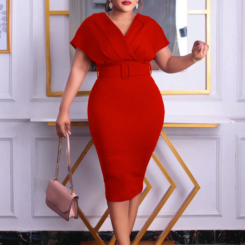 Drune | Damen V-Ausschnitt Figurbetontes Midi Kleid mit Gürtel