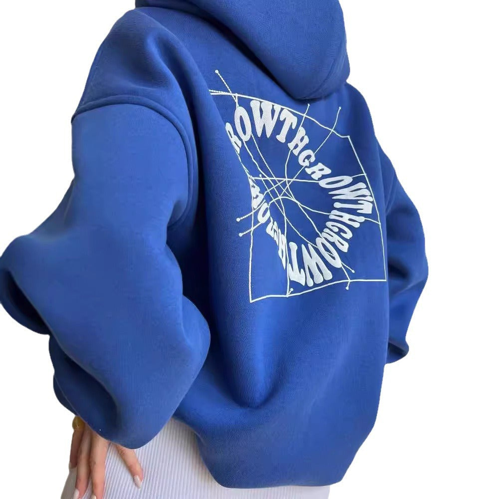 Damen Oversized Kapuzenpullover mit abstraktem Rückenprint und gerippten Bündchen Drune