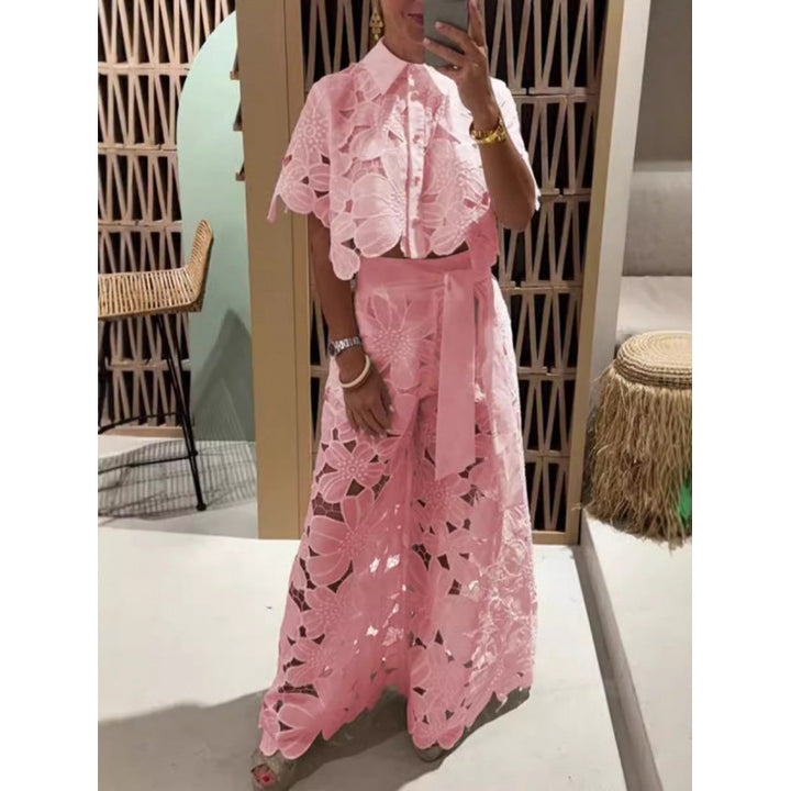 Damen Zweiteiliges Spitzen-Set mit Blumenstickerei und Palazzohose Drune