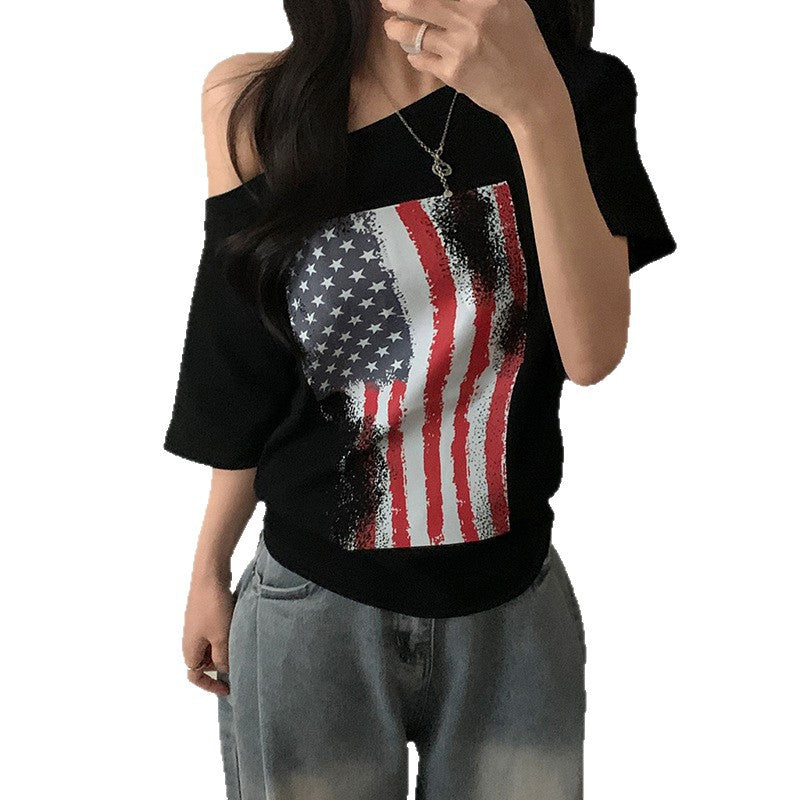 Damen lässiges T-Shirt mit amerikanischem Flaggen-Design und weichem Baumwollmaterial Drune