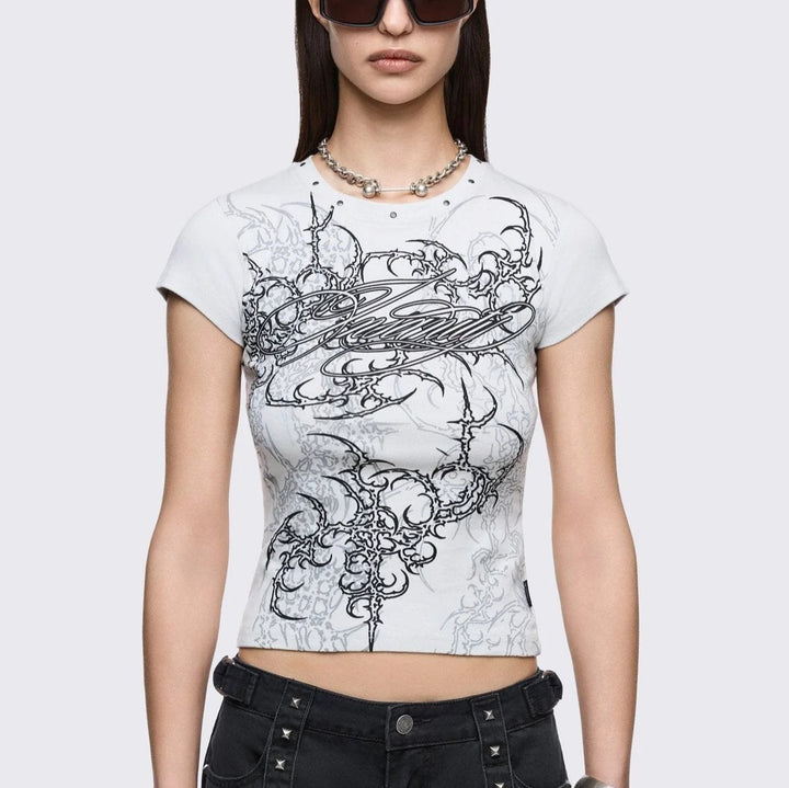 Damen Figurbetontes Kurzarm-T-Shirt mit Grafischem Design Drune