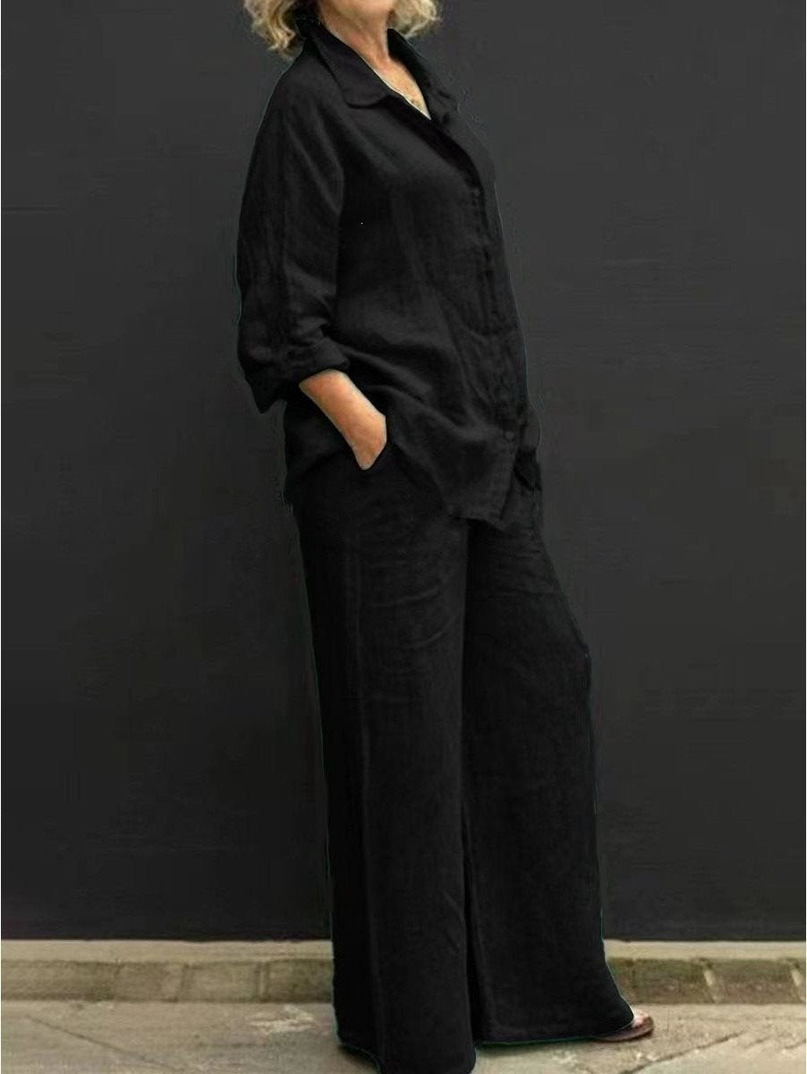 Damen Leichtes Leinen-Loungewear-Set mit Oversized-Hemd und weiter Palazzo-Hose Drune