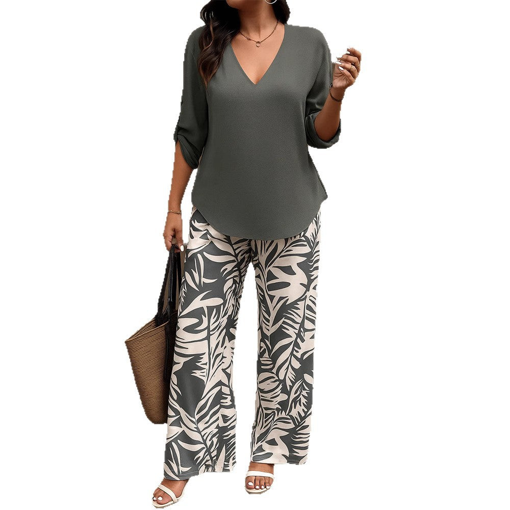 Damen Elegantes Set aus V-Ausschnitt Bluse und weitem Palazzohosen Drune